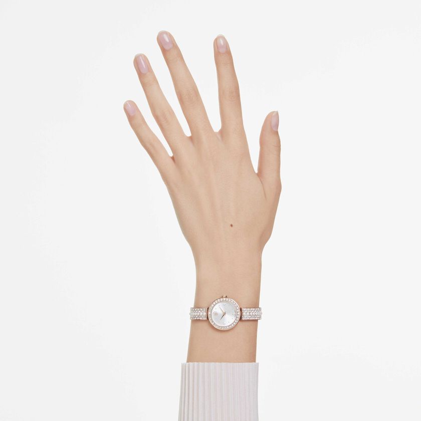 swarovski matrix pearl bangle watch  swiss made  crystal bracelet  white  rose gold tone finish