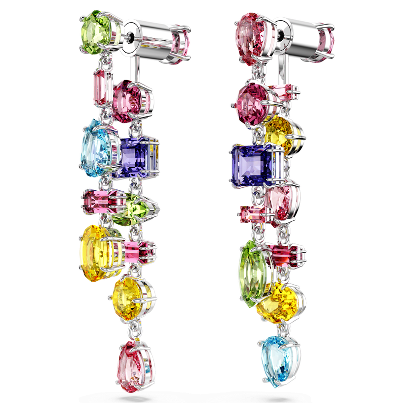 swarovski gema drop earrings  asymmetrical design  mixed cuts  long  multicolored  rhodium plated