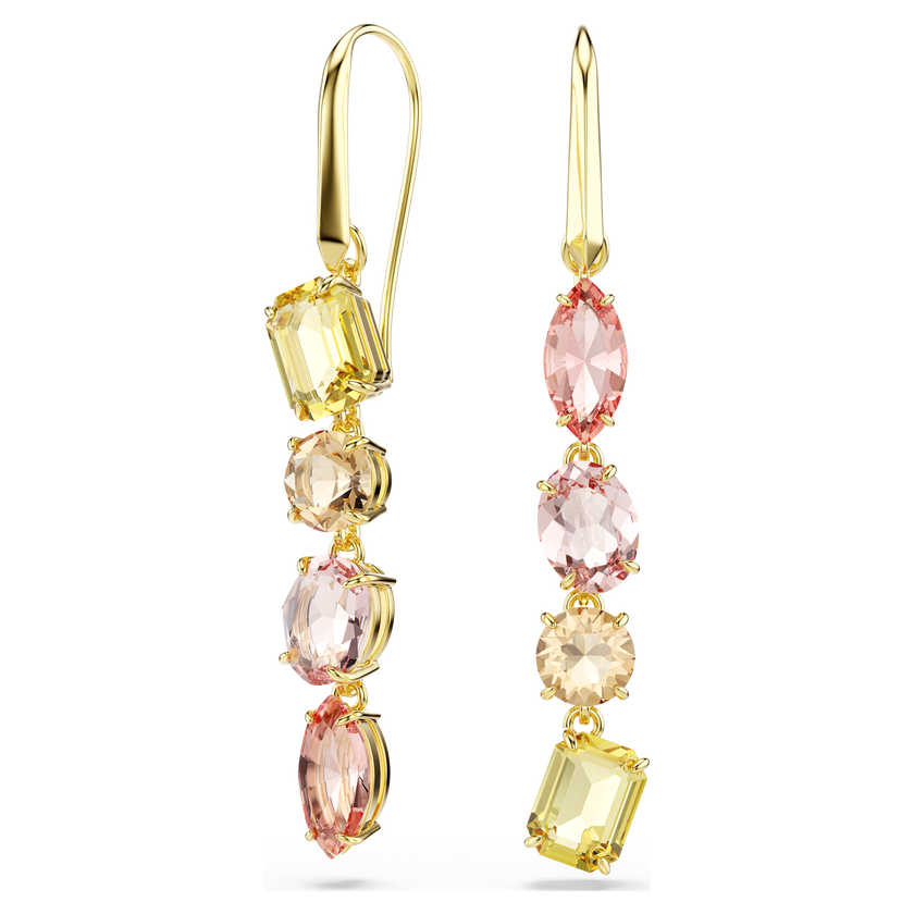 swarovski gema drop earrings  asymmetrical design  mixed cuts  pink  gold tone plated