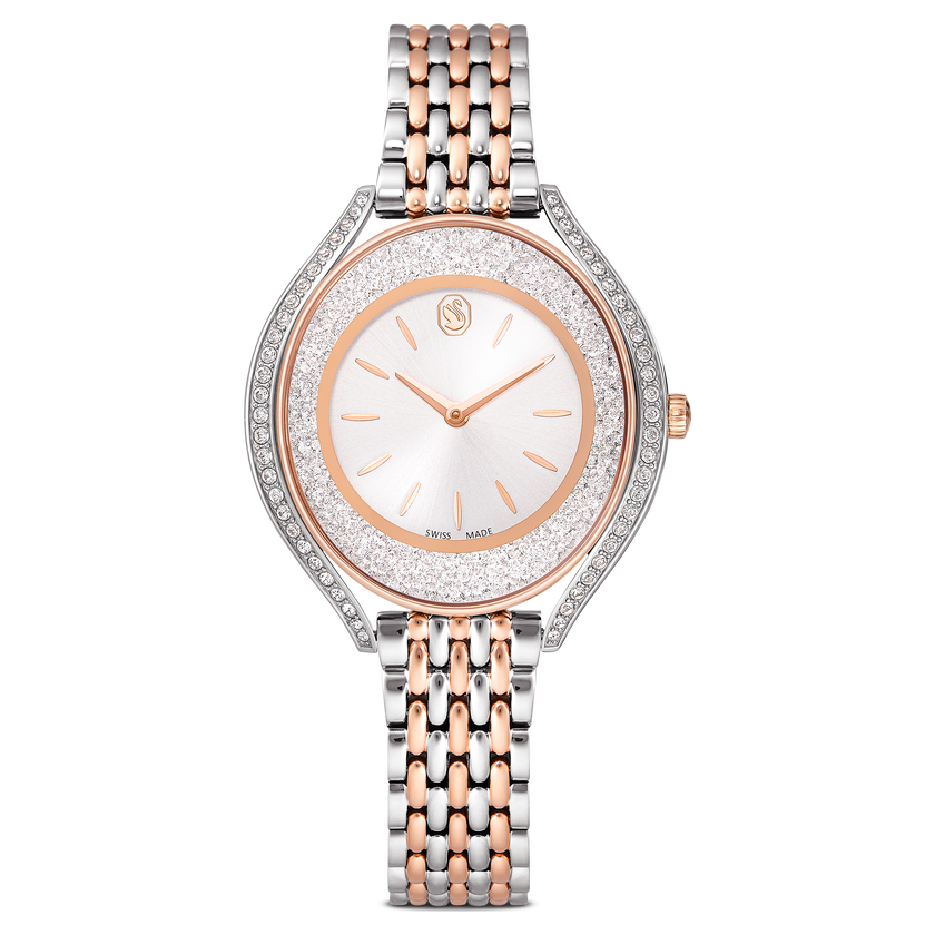 swarovski crystalline aura watch  swiss made  metal bracelet  rose gold tone  mixed metal finish