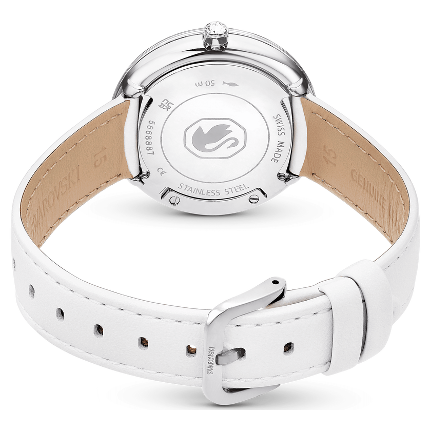 swarovski crystalline lustre watch  swiss made  leather strap  white  stainless steel