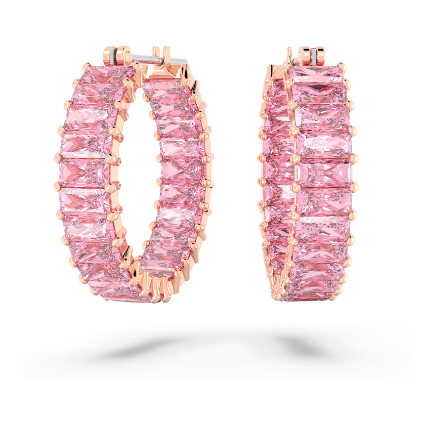 swarovski matrix hoop earrings  baguette cut  pink  rose gold tone plated