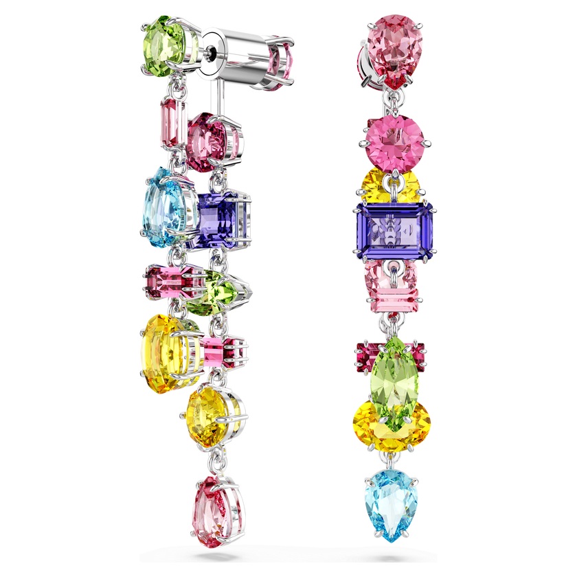 swarovski gema drop earrings  asymmetrical design  mixed cuts  long  multicolored  rhodium plated