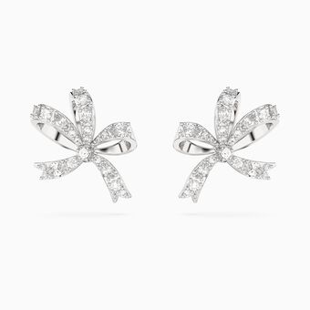 Volta stud earrings, Bow, Small, White, Rhodium plated