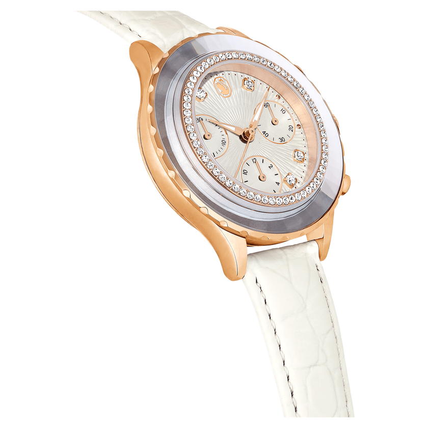 swarovski octea chrono watch  swiss made  leather strap  white  rose gold tone finish