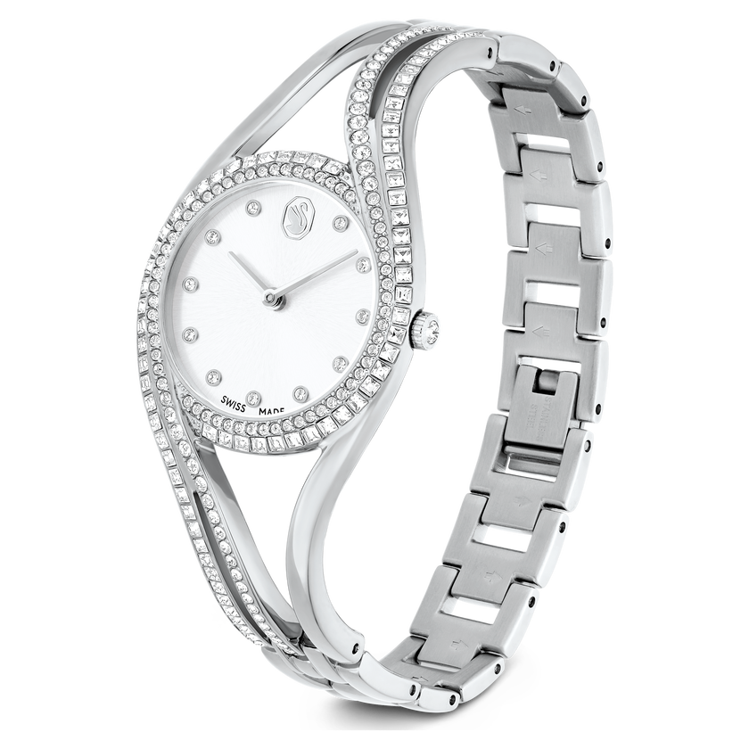 swarovski hyperbola bangle watch  swiss made  metal bracelet  silver tone  stainless steel