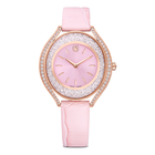 swarovski crystalline aura watch  swiss made  leather strap  pink  rose gold tone finish