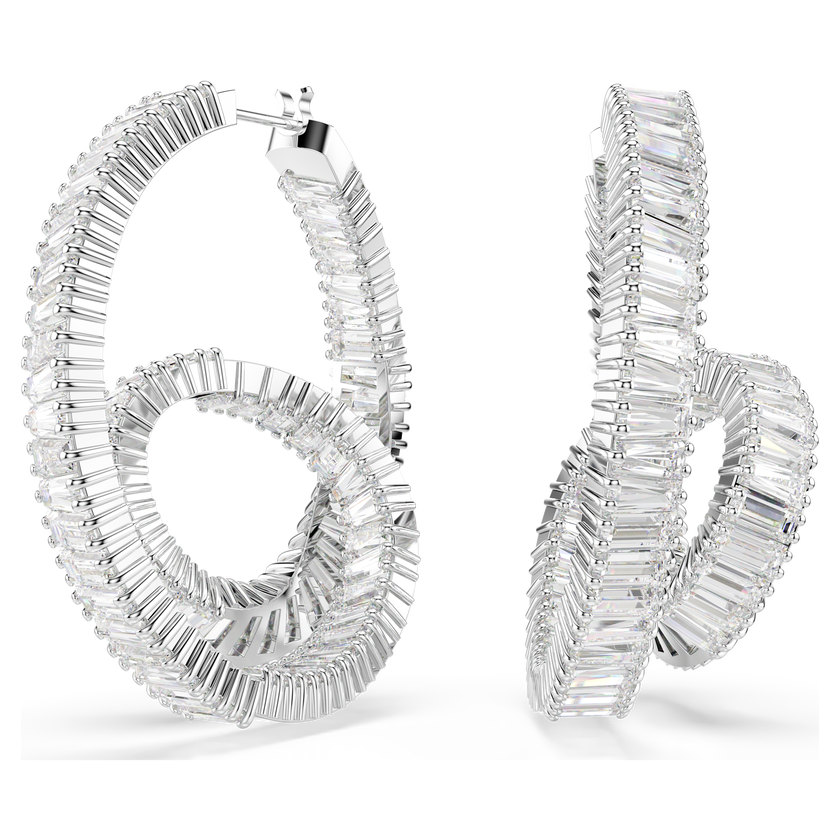 swarovski matrix hoop earrings  baguette cut  ribbon  white  rhodium plated