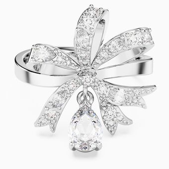 Volta cocktail ring, Bow, Small, White, Rhodium plated