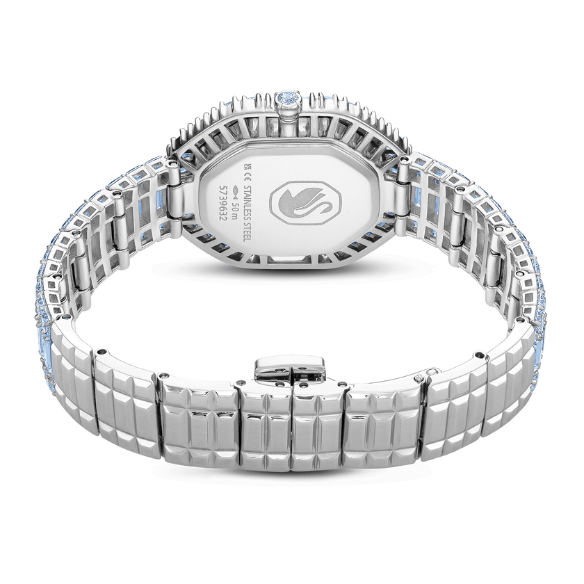 swarovski matrix octagon watch  baguette cut  metal bracelet  blue  stainless steel