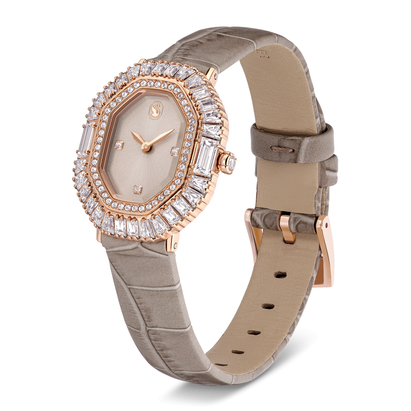 swarovski matrix octagon watch  leather strap  beige  rose gold tone finish