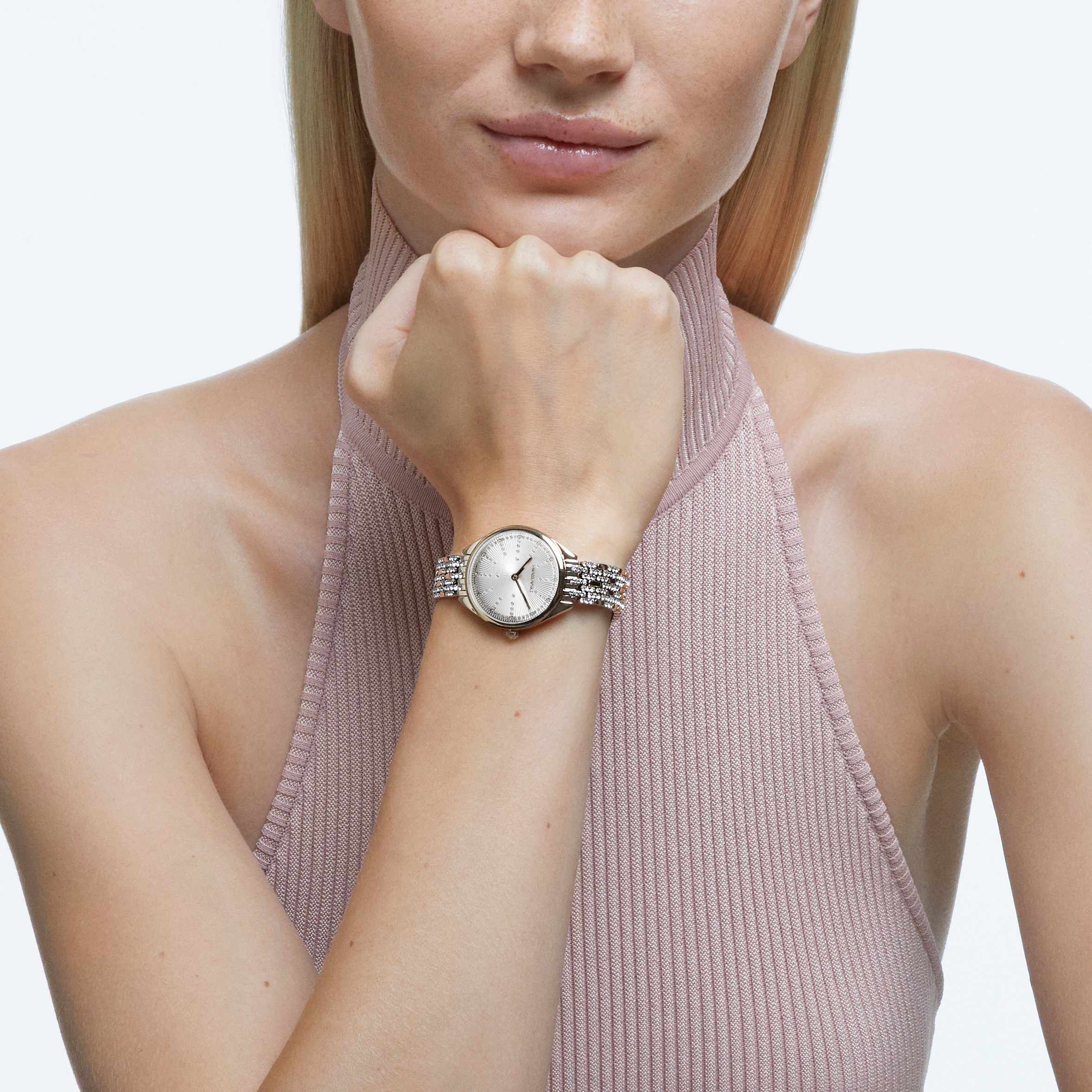 swarovski attract watch  swiss made  pav    crystal bracelet  gold tone  champagne gold tone finish