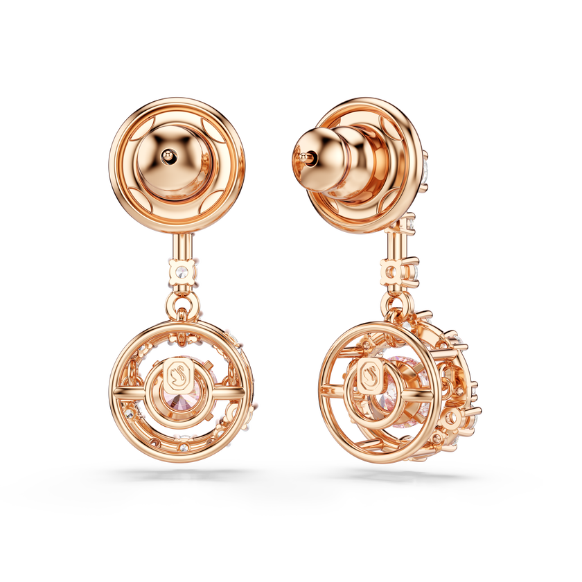 swarovski constella drop earrings  round cut  dancing stone  pink  rose gold tone plated