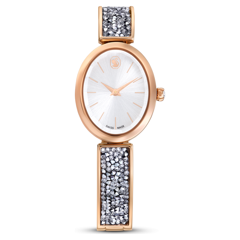 swarovski crystal rock oval watch  swiss made  metal bracelet  silver tone  rose gold tone finish