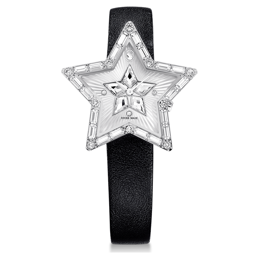 swarovski symbolica star watch  swiss made  star  leather strap  white  stainless steel