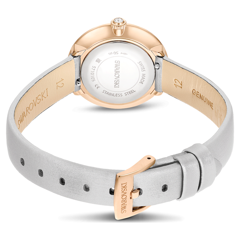 swarovski matrix tennis watch  swiss made  leather strap  gray  rose gold tone finish