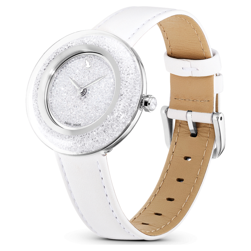 swarovski crystalline lustre watch  swiss made  leather strap  white  stainless steel