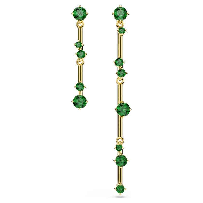 swarovski constella drop earrings  asymmetrical design  round cut  green  gold tone plated