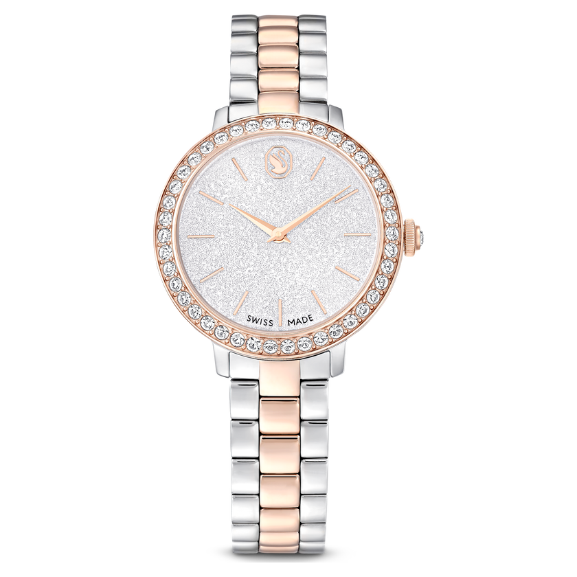 swarovski matrix 3 link watch  swiss made  metal bracelet  silver tone  rose gold tone finish