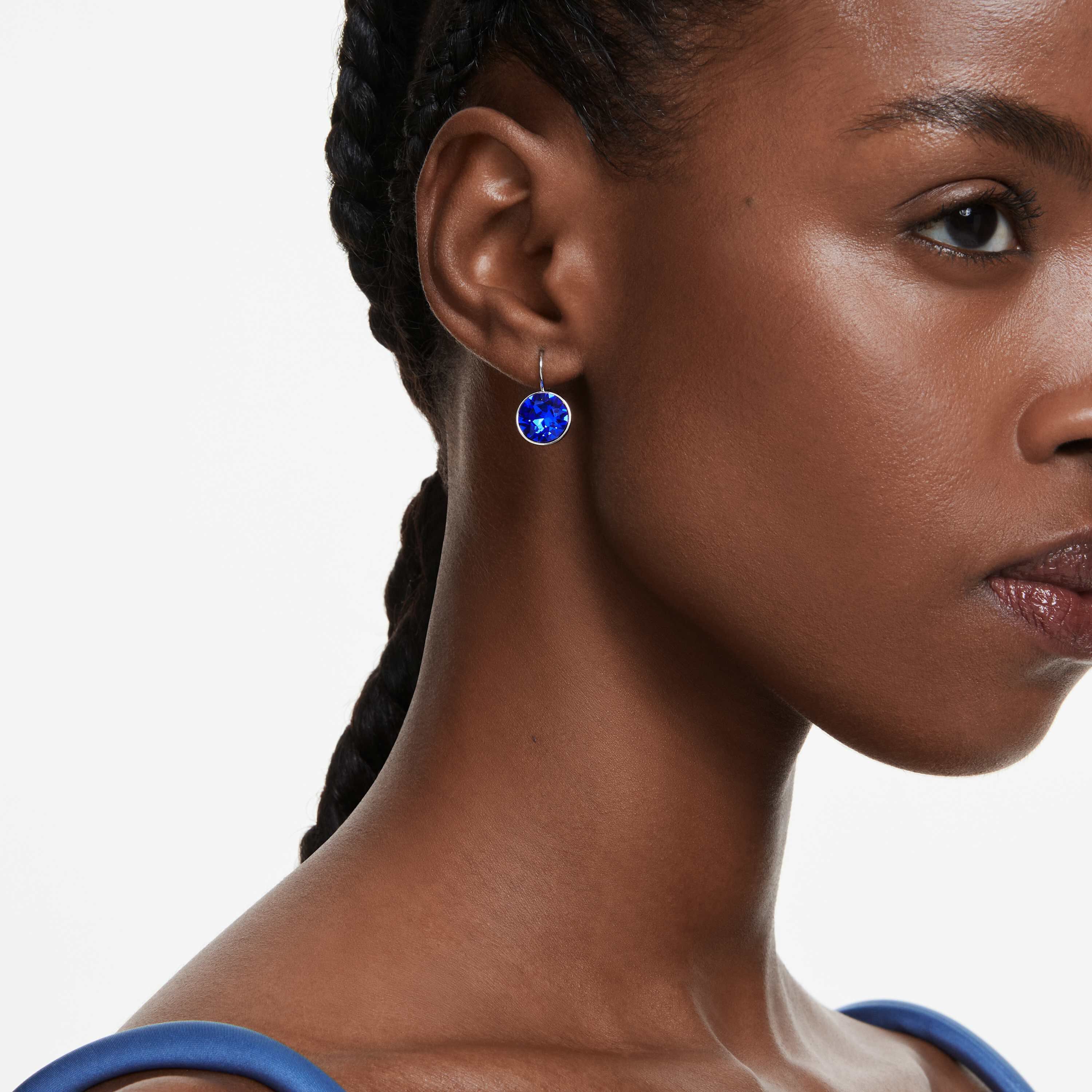 swarovski bella drop earrings  round cut  blue  rhodium plated