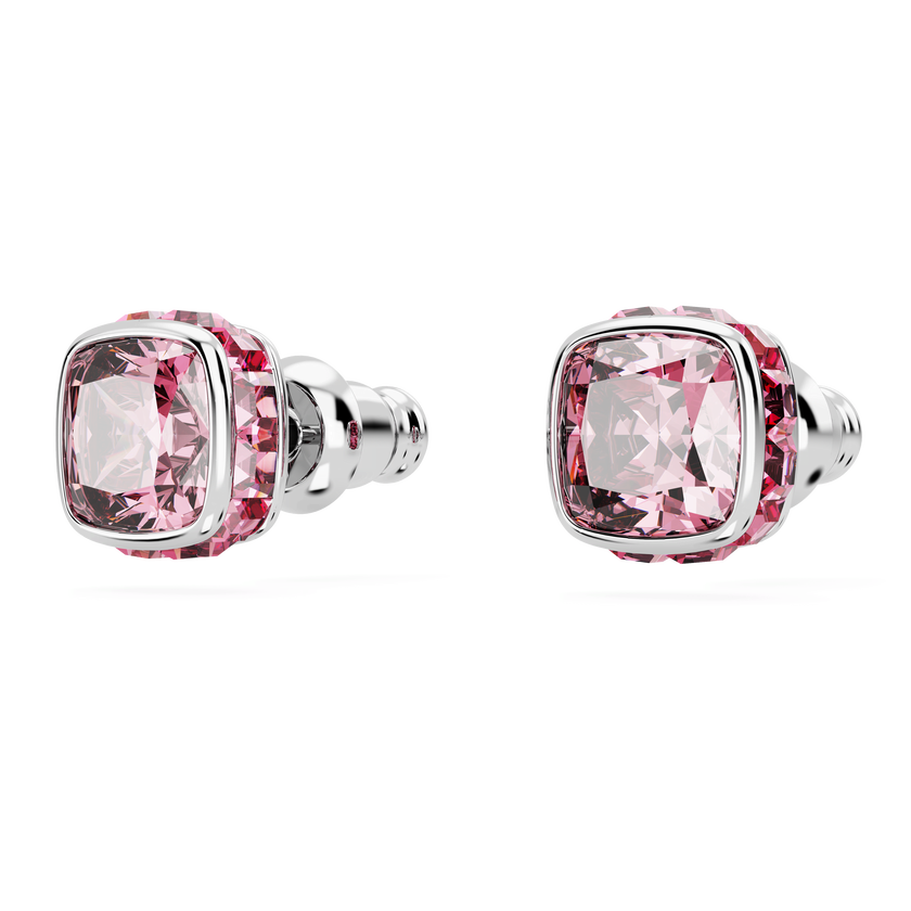 swarovski birthstone stud earrings  square cut  october  pink  rhodium plated