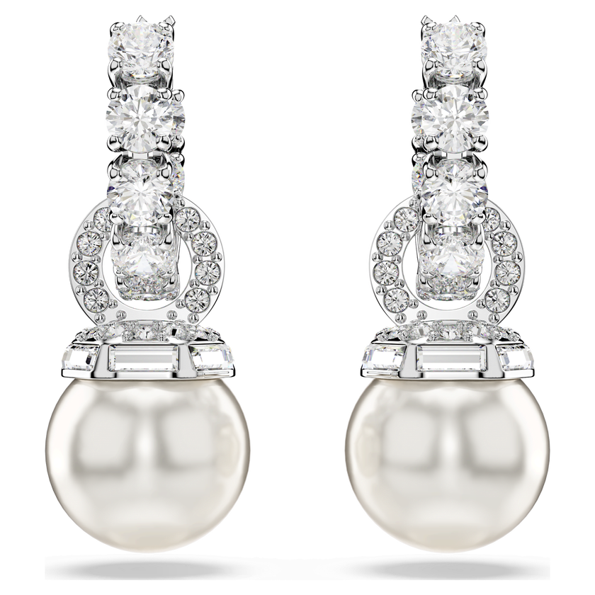 swarovski matrix drop earrings  crystal pearl  round cut  white  rhodium plated