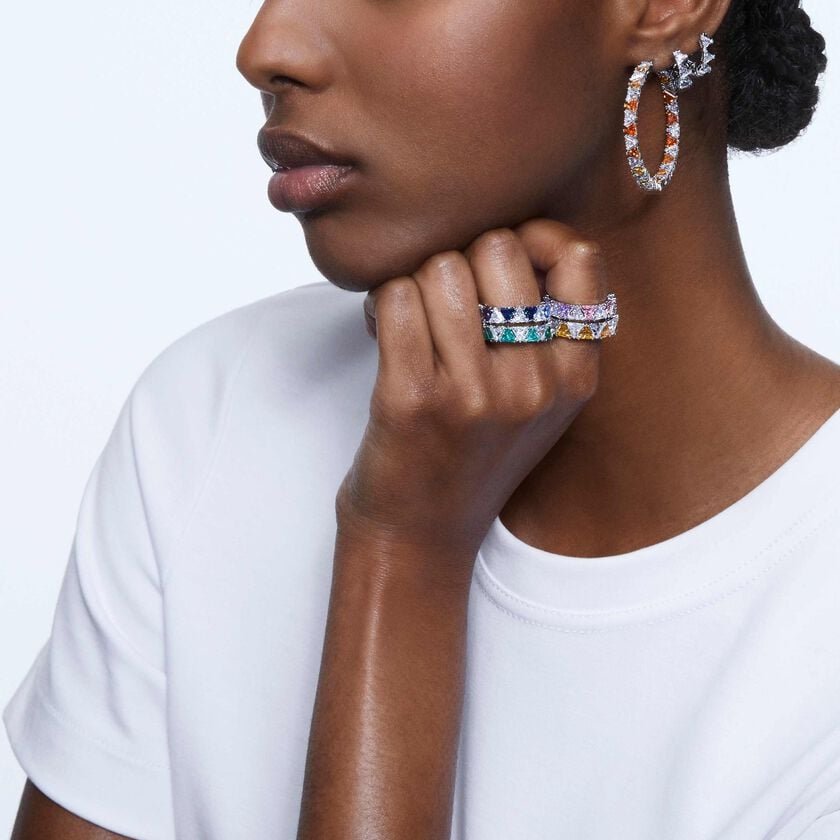 swarovski matrix hoop earrings  triangle cut  small  white  rhodium plated