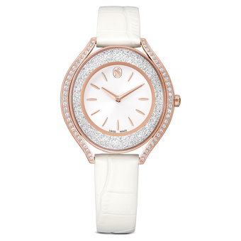 swarovski crystalline aura watch  swiss made  leather strap  white  rose gold tone finish