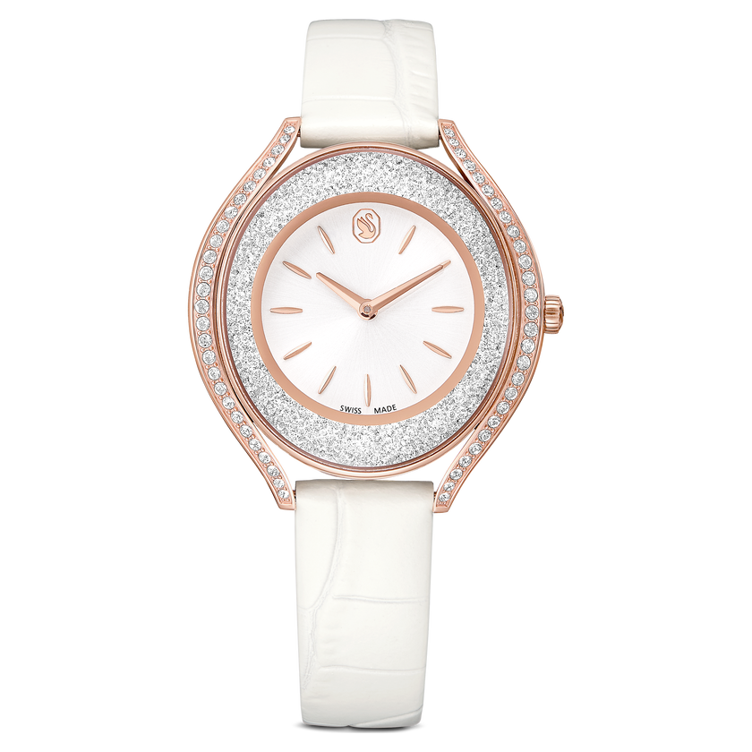 swarovski crystalline aura watch  swiss made  leather strap  white  rose gold tone finish