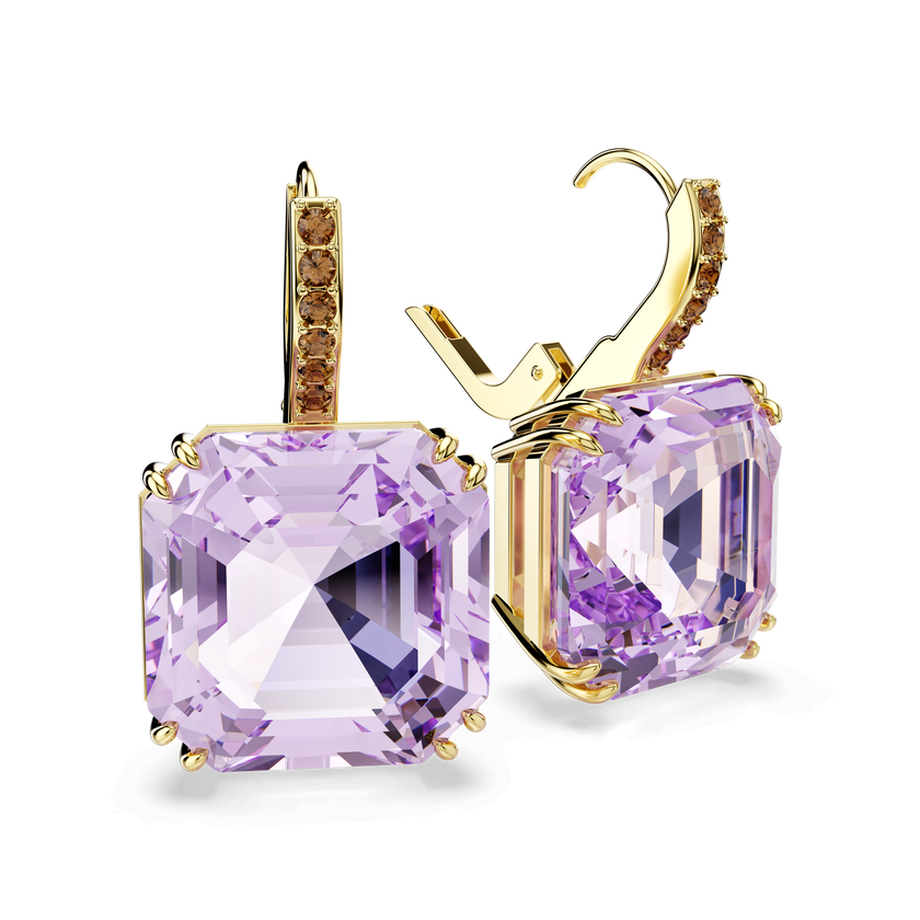 swarovski millenia drop earrings  square cut  purple  18k gold finish