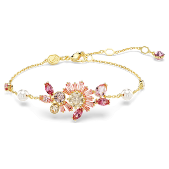 swarovski gema bracelet  mixed cuts  flower  pink  gold tone plated
