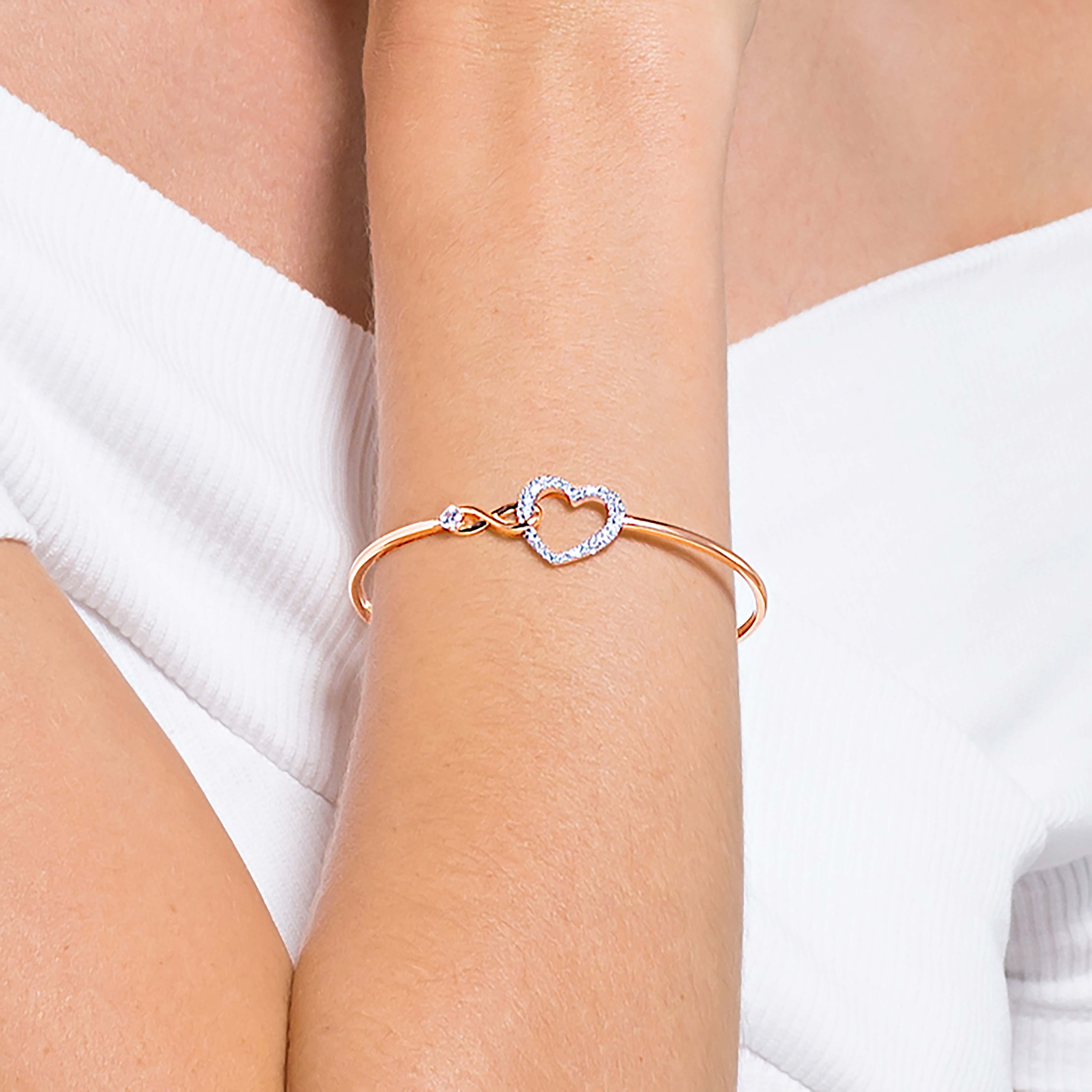 swarovski hyperbola bangle  infinity and heart  white  mixed metal finish