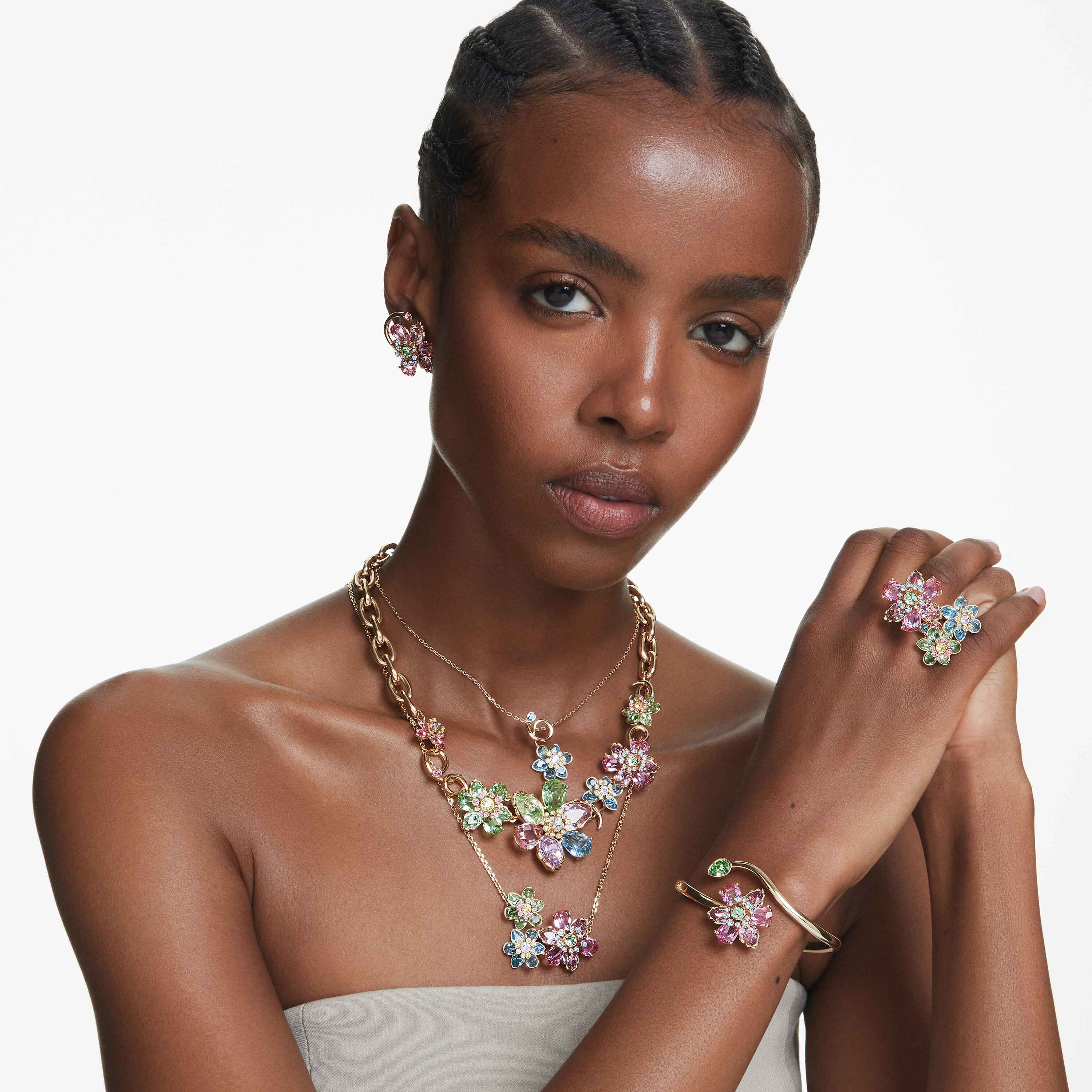 swarovski idyllia necklace  mixed cuts  flower  multicolored  gold tone plated