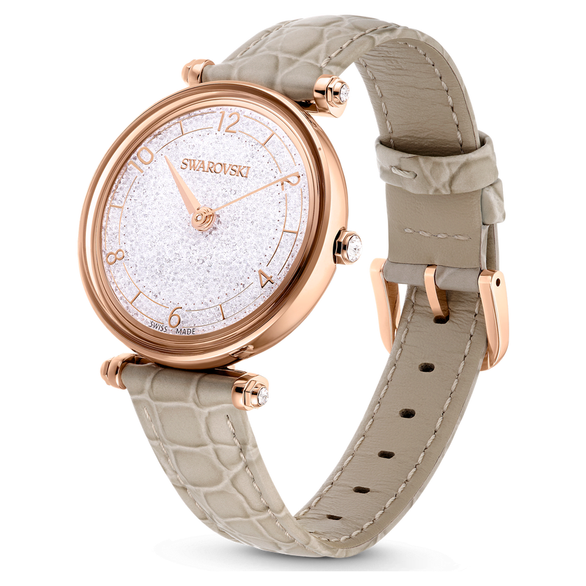 swarovski crystalline wonder watch  swiss made  leather strap  beige  rose gold tone finish