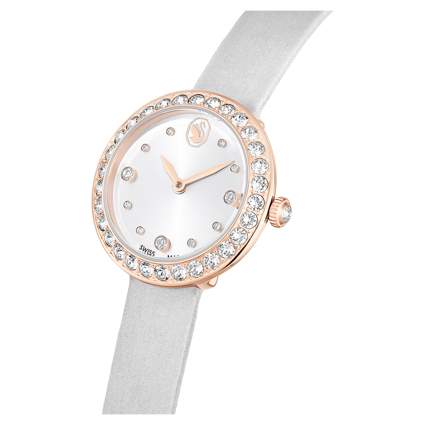 swarovski matrix tennis watch  swiss made  leather strap  gray  rose gold tone finish