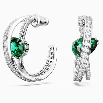 Hyperbola hoop earrings, Carbon neutral zirconia, Mixed cuts, Green, Rhodium plated