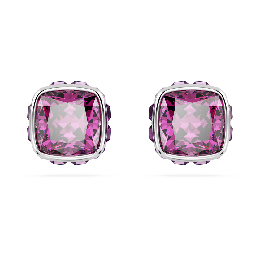 swarovski birthstone stud earrings  square cut  february  purple  rhodium plated
