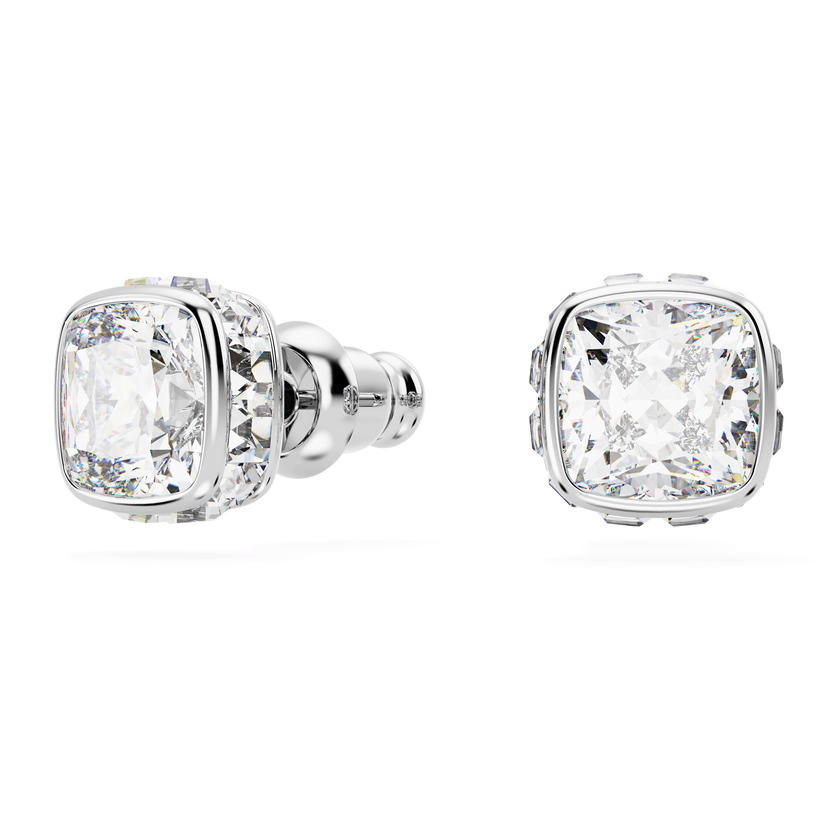 swarovski birthstone stud earrings  square cut  april  white  rhodium plated