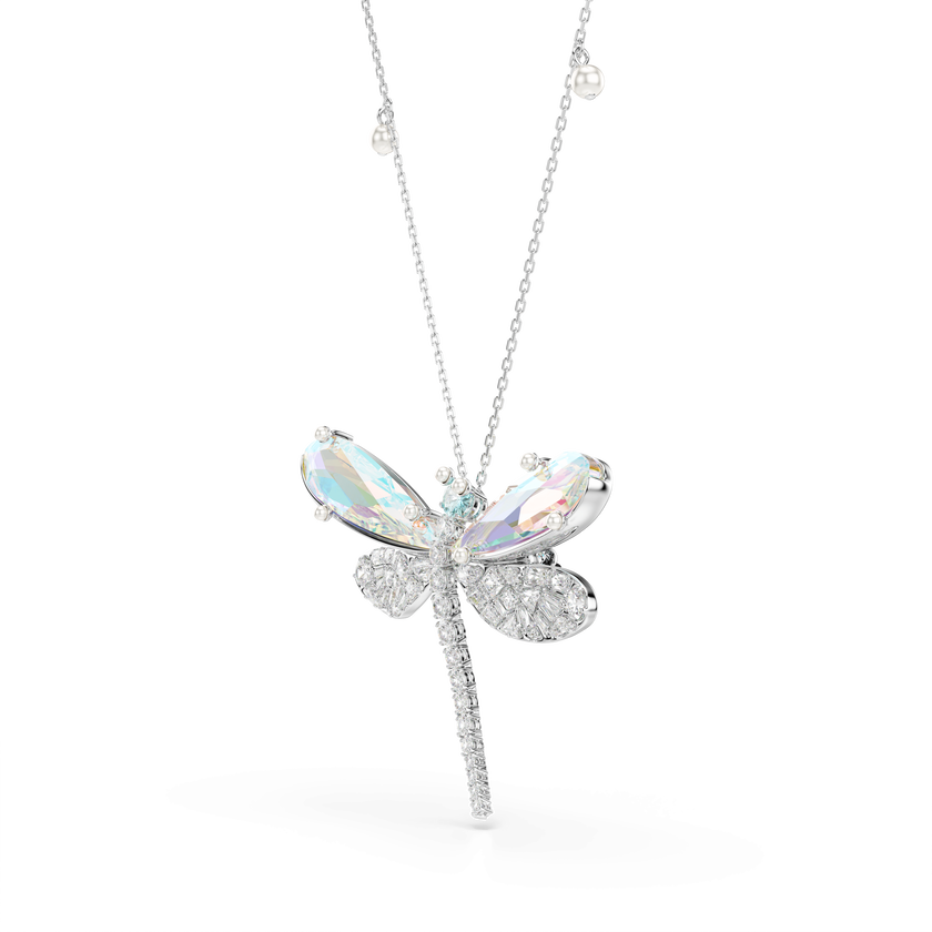 ariana grande x swarovski pendant and brooch  mixed cuts  dragonfly  green  rhodium plated
