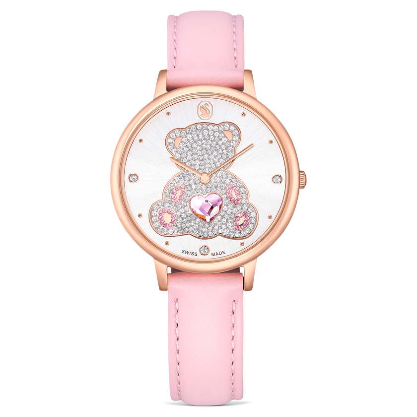 swarovski teddy watch  swiss made  leather strap  pink  rose gold tone finish