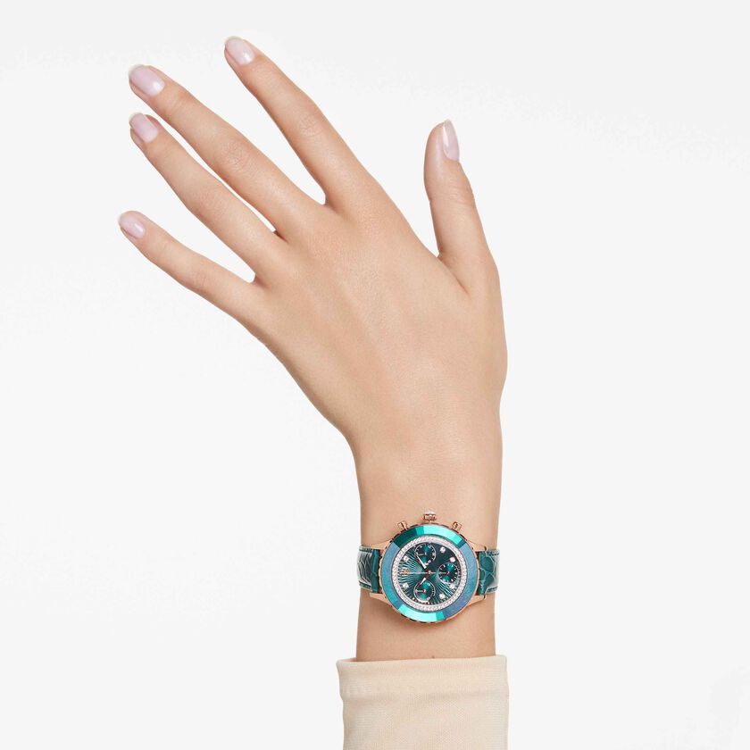 swarovski octea chrono watch  swiss made  leather strap  green  rose gold tone finish