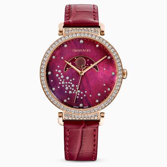 Passage Moon Phase watch, Leather strap, Red, Rose-gold tone PVD