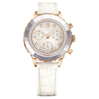 swarovski octea chrono watch  swiss made  leather strap  white  rose gold tone finish