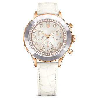 swarovski octea chrono watch  swiss made  leather strap  white  rose gold tone finish