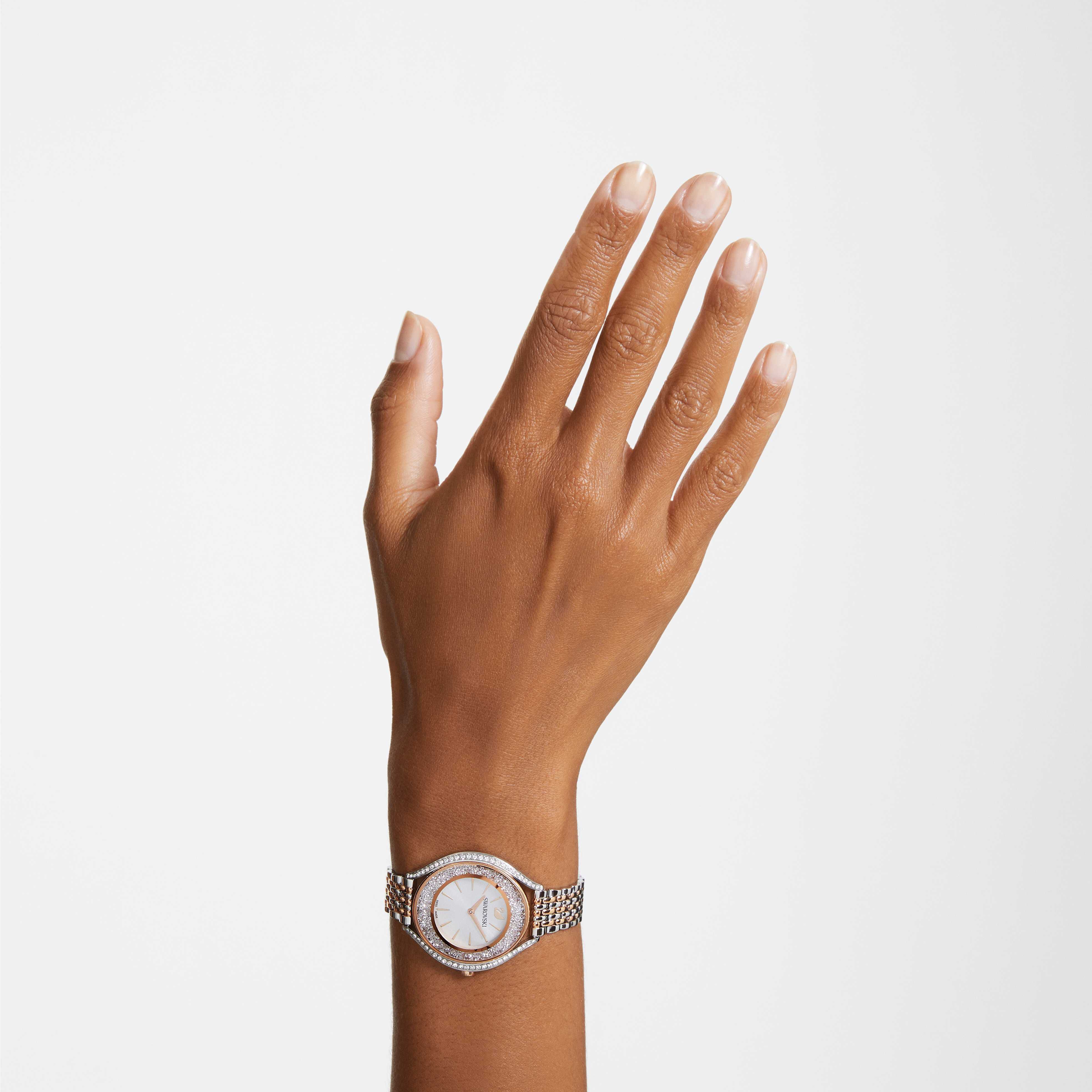 swarovski crystalline aura watch  swiss made  metal bracelet  rose gold tone  mixed metal finish