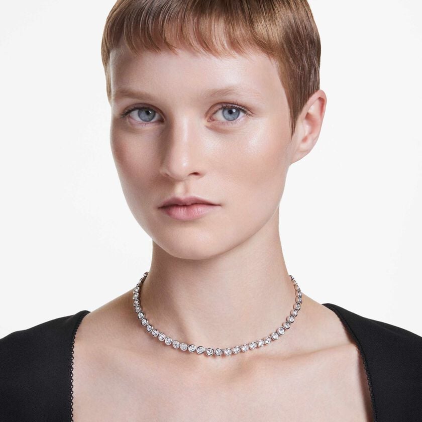 swarovski imber tennis necklace  round cut  white  rhodium plated