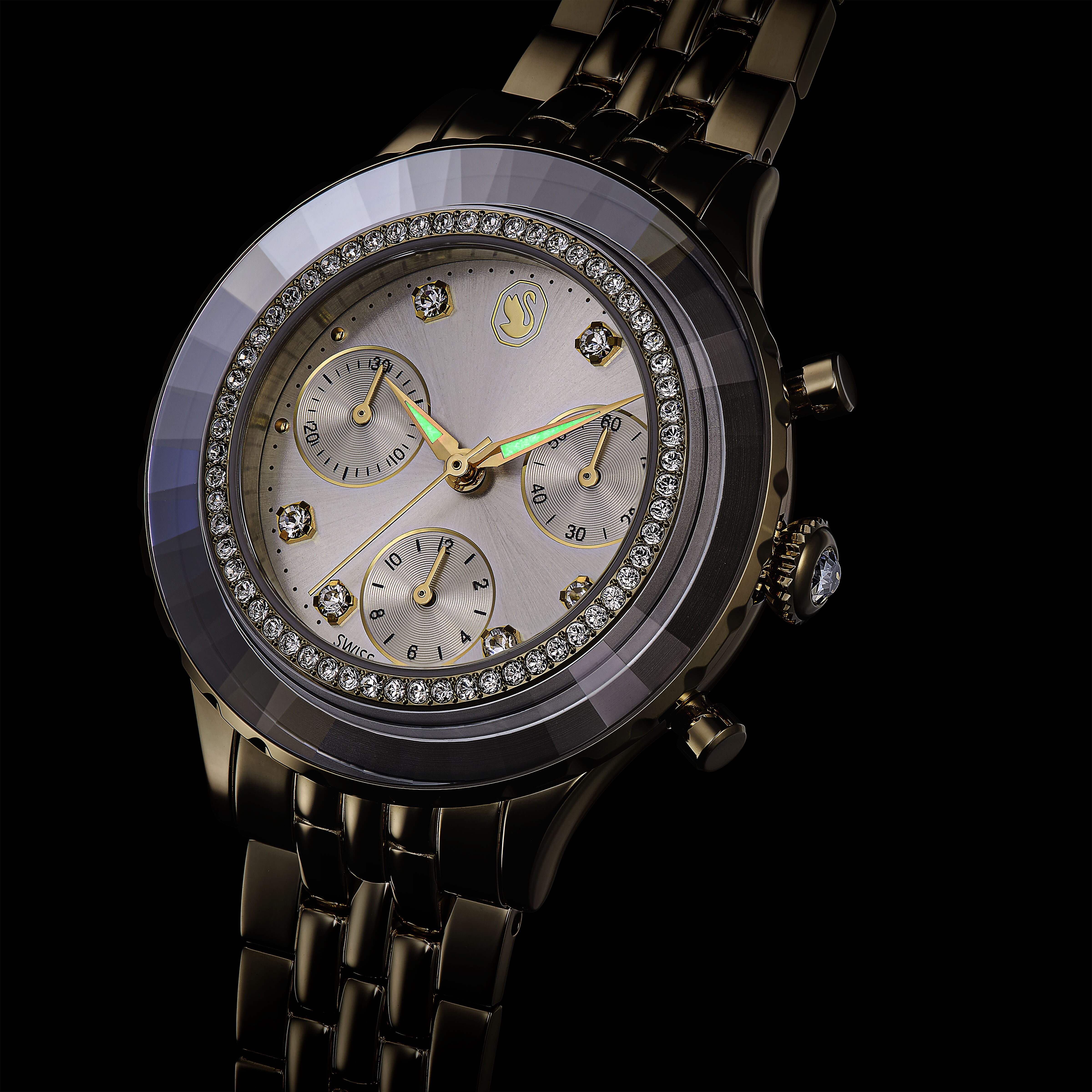 swarovski octea chrono watch  swiss made  metal bracelet  gold tone  champagne gold tone finish