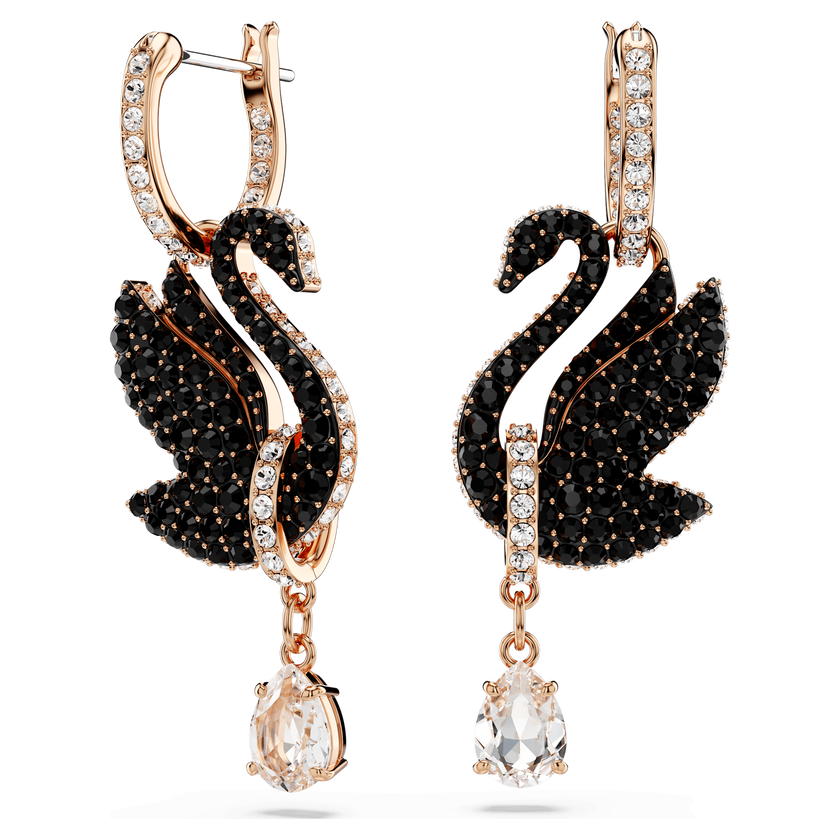 swarovski swan drop earrings  swan  black  rose gold tone plated