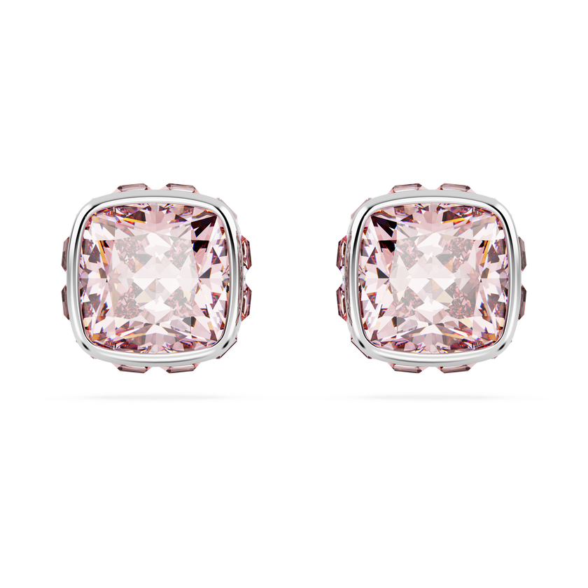 swarovski birthstone stud earrings  square cut  june  pink  rhodium plated