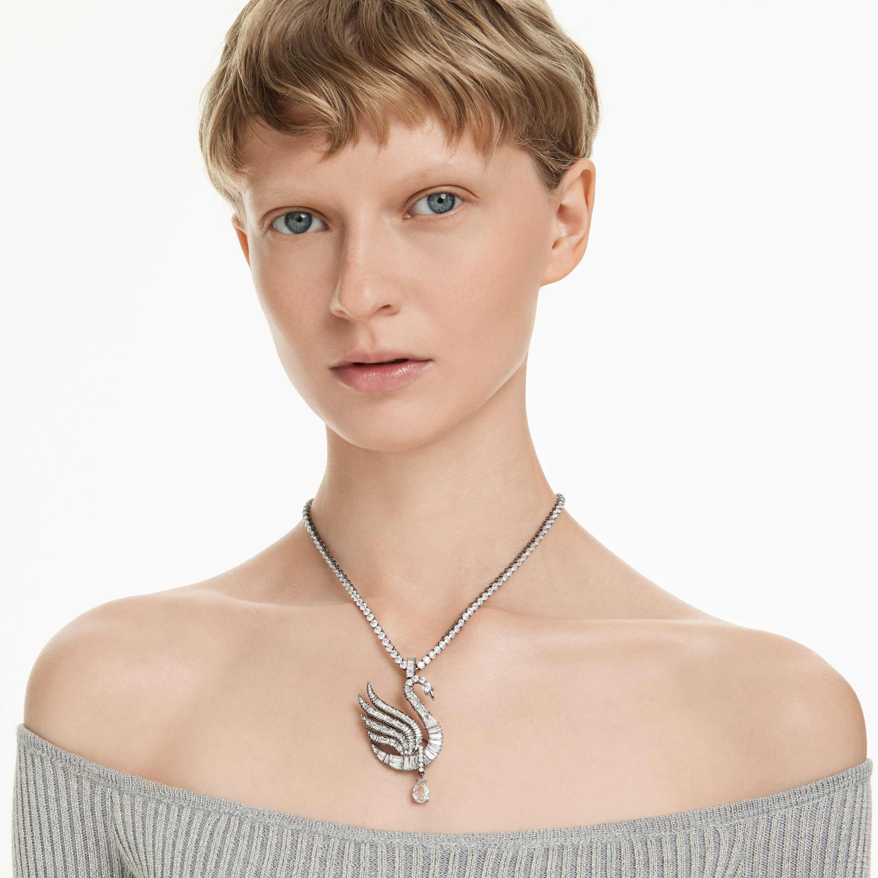 swarovski swan vienna pendant and brooch  swan  white  ruthenium plated